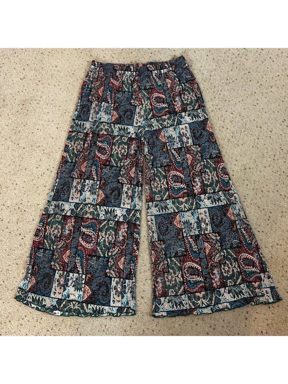 NEW Earthbound Patchwork Pleated Wide Leg Pants Pull On Boho Size XL Women's